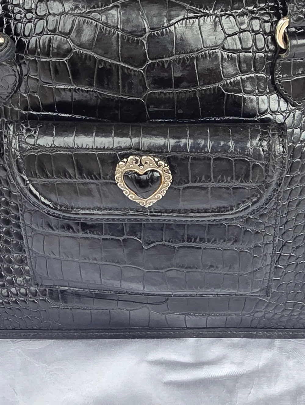 Vintage Brighton Black Leather Croc Pattern with Floral Lining w/ Inner Pockets